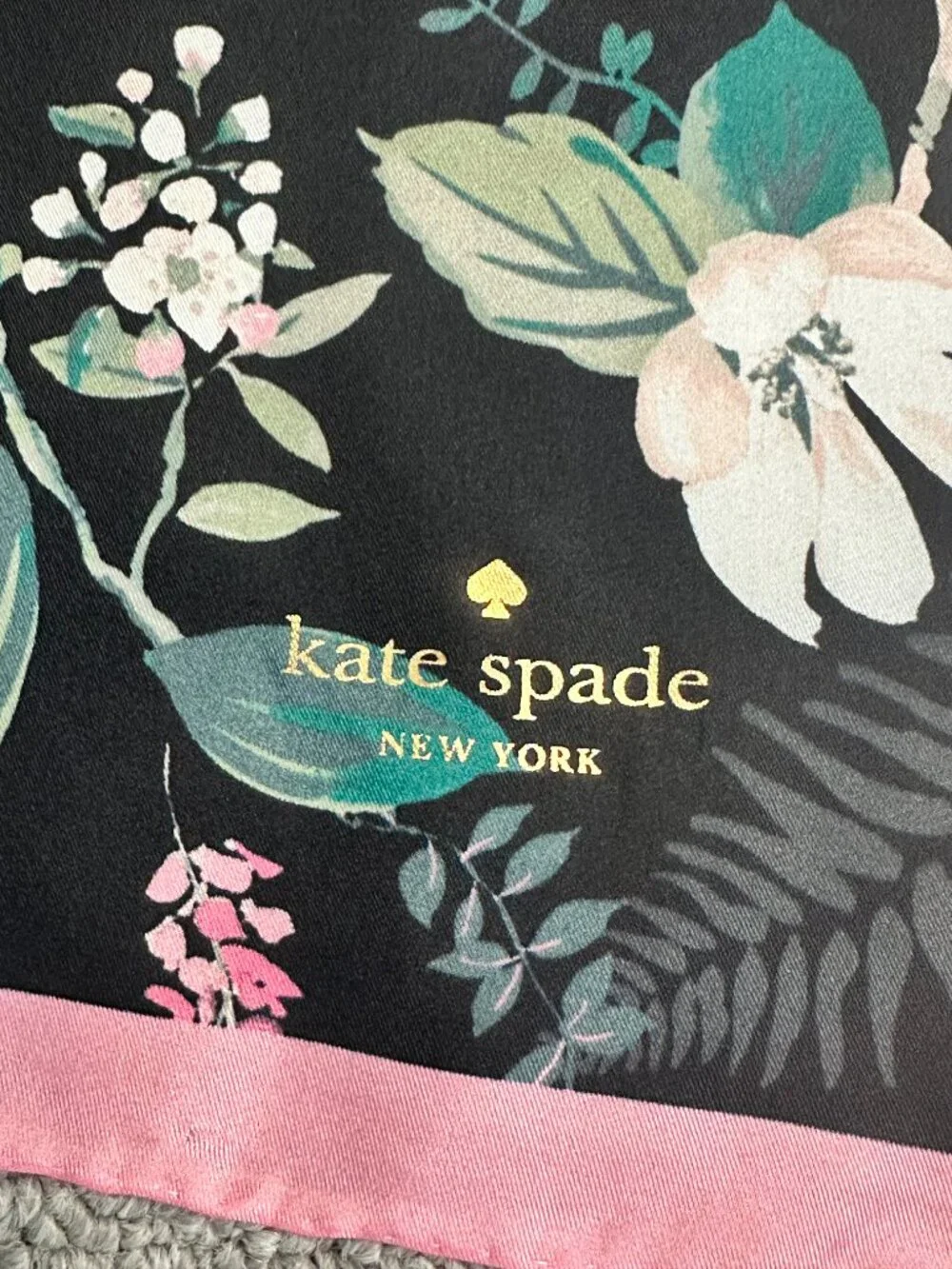 Kate Spade Black Botanical Floral Silk Square Scarf Pink Border Butterflies